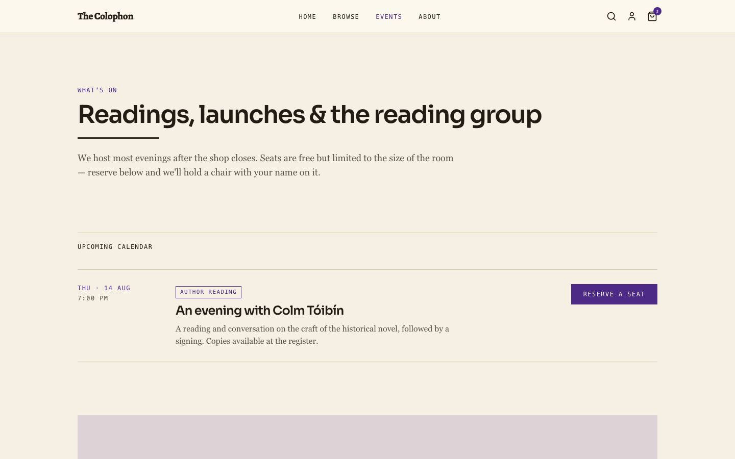Bookstore Website Template — events page screenshot