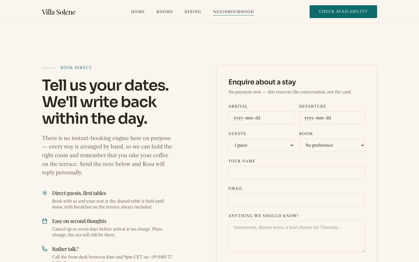 Boutique Hotel Website Template — book page screenshot