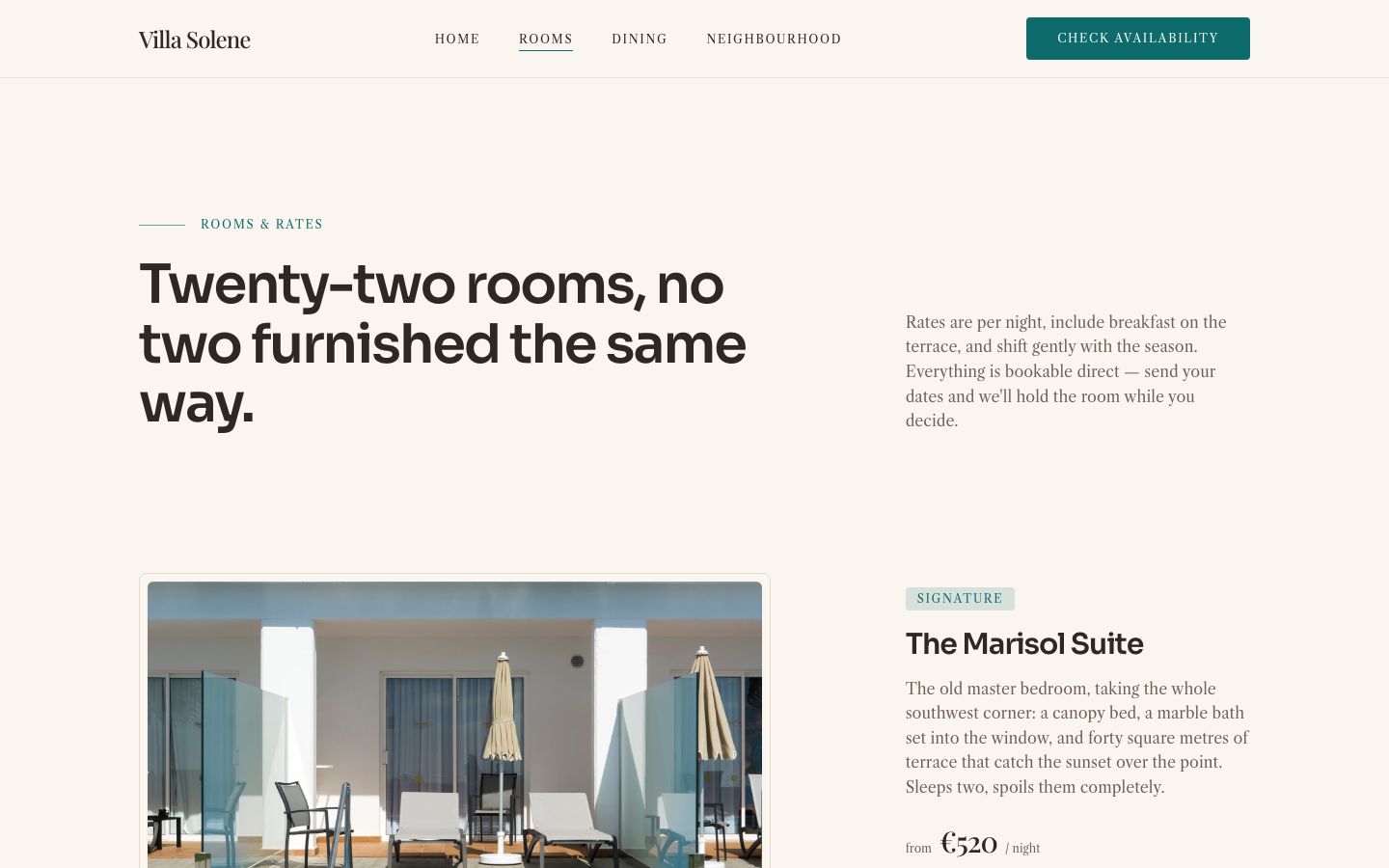 Boutique Hotel Website Template — rooms page screenshot