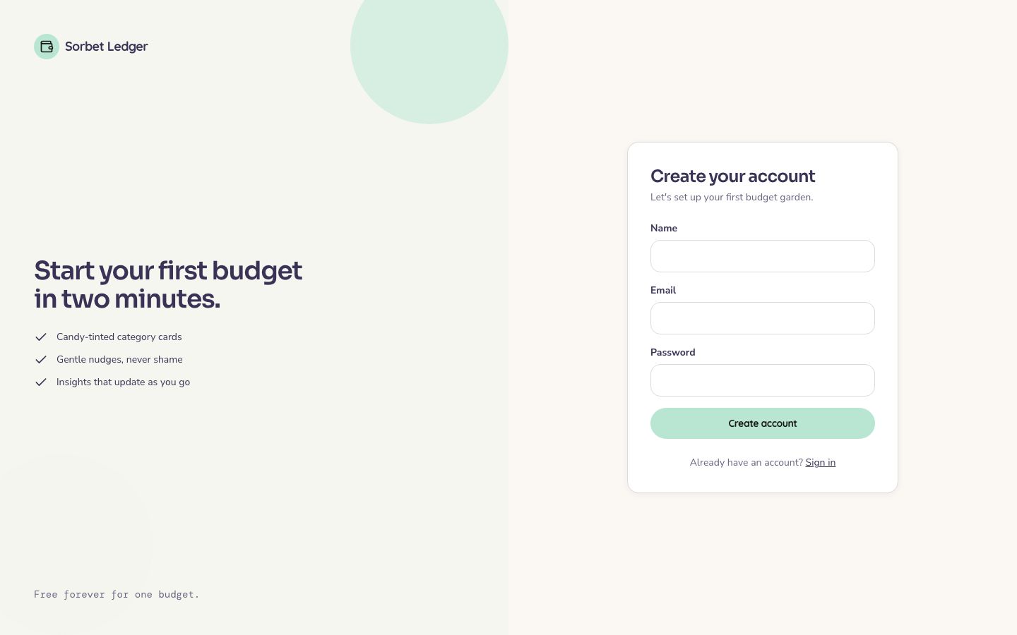 Budget App UI Template — signup page screenshot