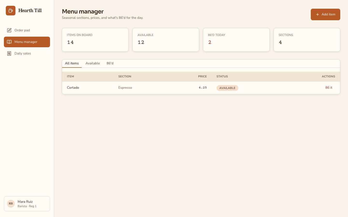 Cafe POS System UI Template — menu page screenshot
