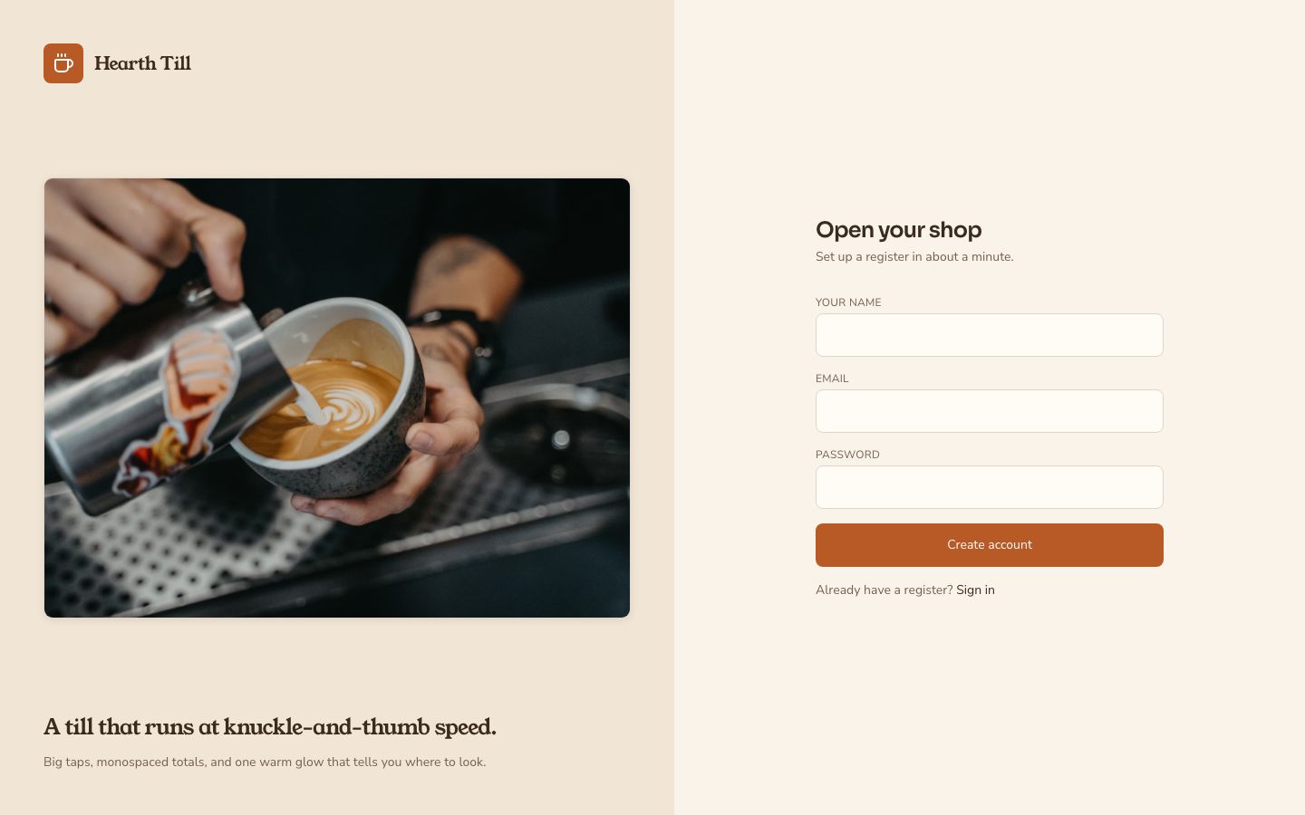 Cafe POS System UI Template — signup page screenshot