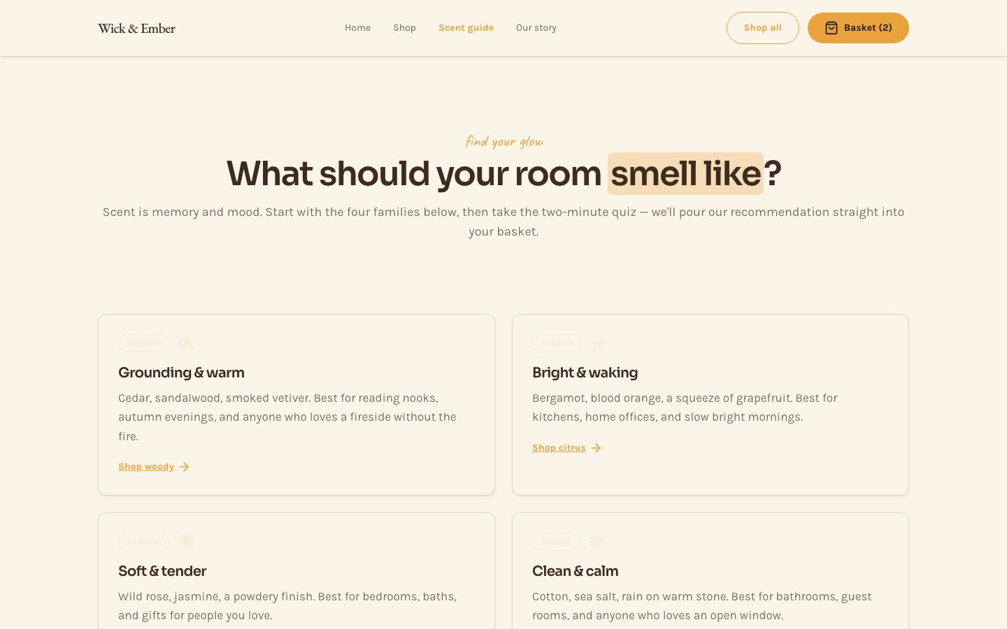 Candle Website Template — scent guide page screenshot