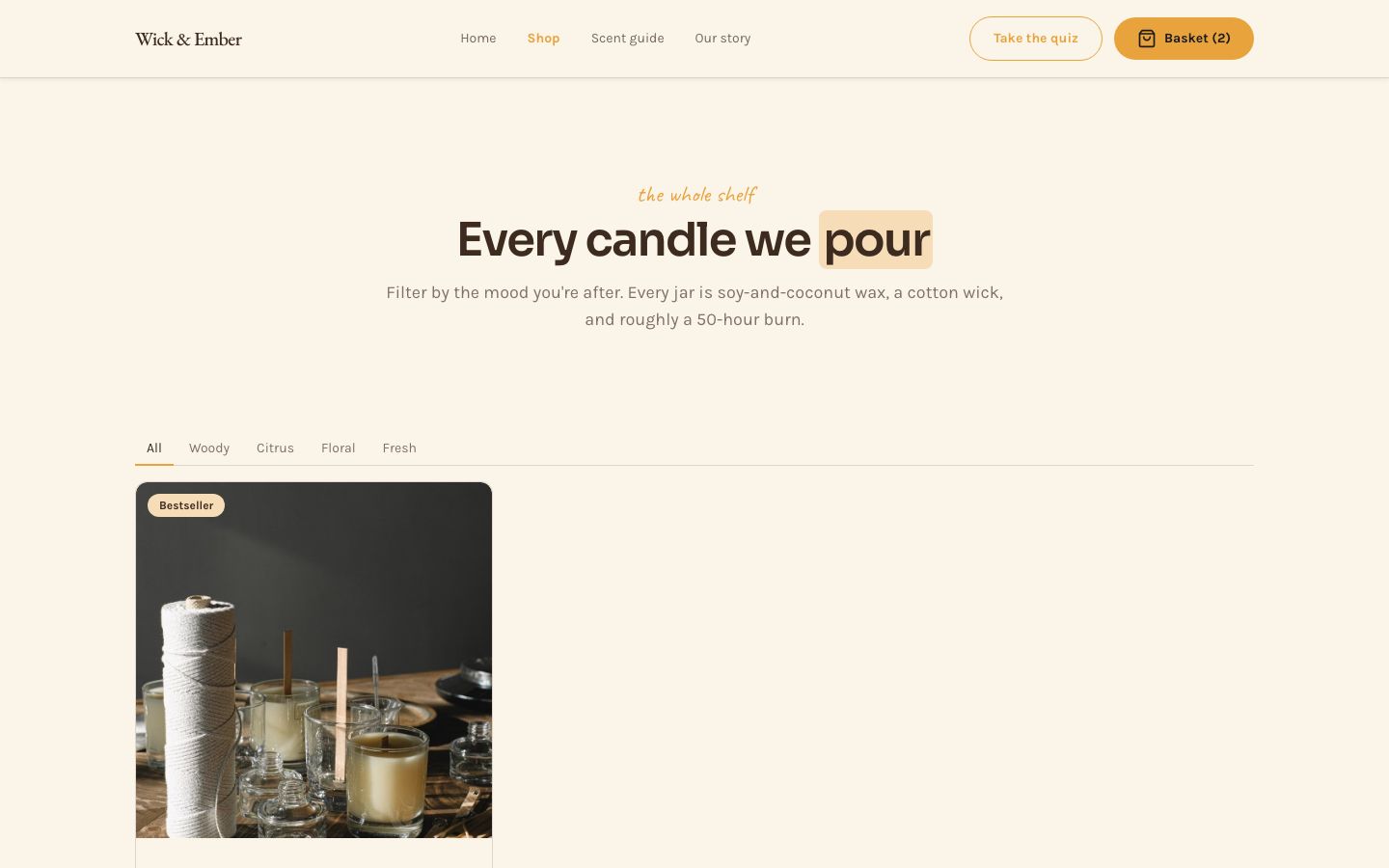 Candle Website Template — shop page screenshot