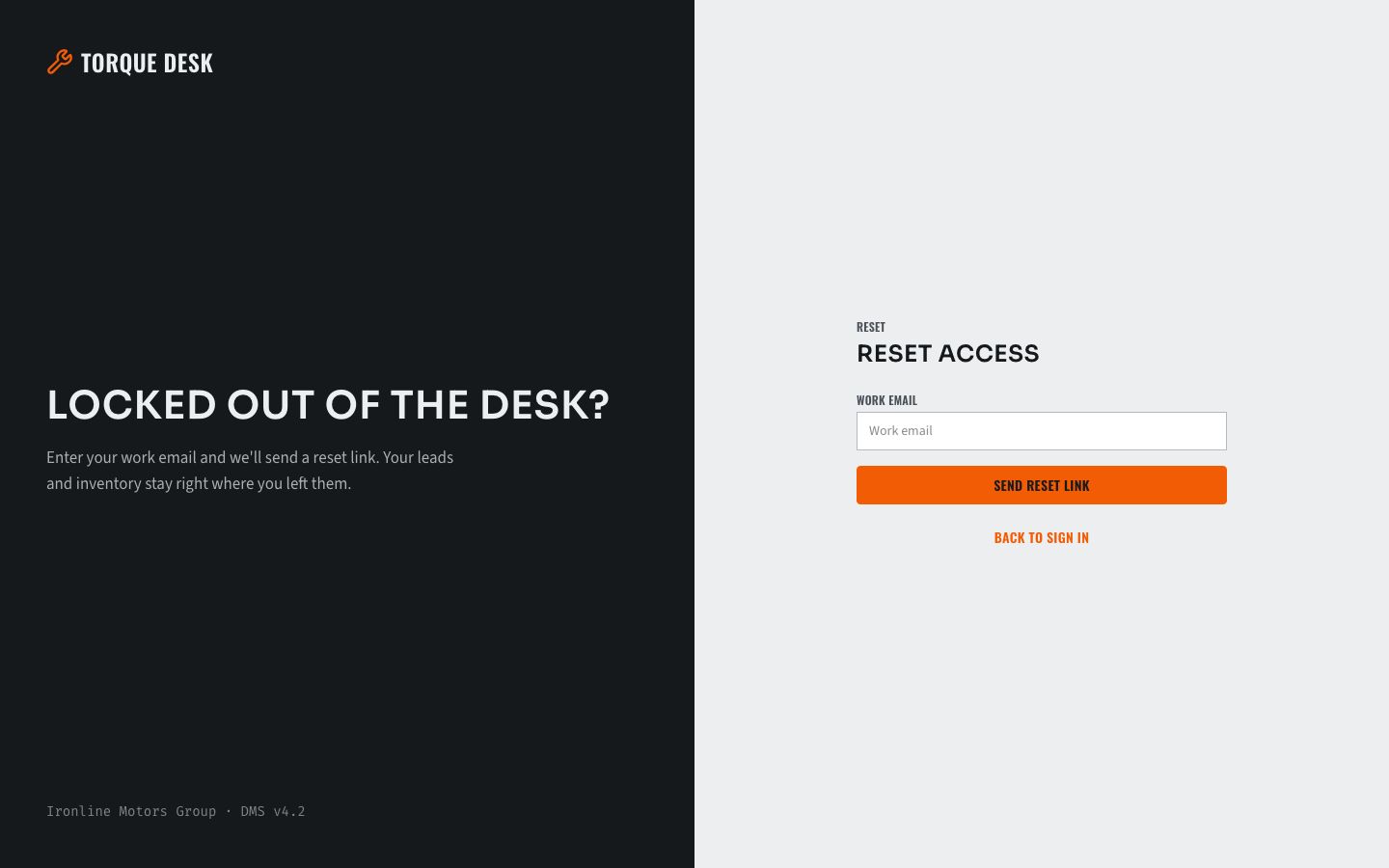 Car Dealership CRM Template — forgot password page screenshot