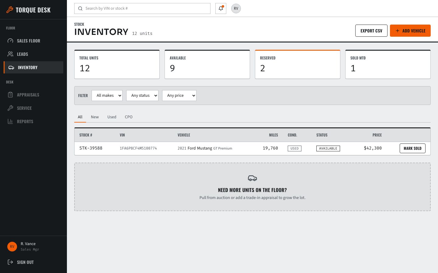 Car Dealership CRM Template — inventory page screenshot