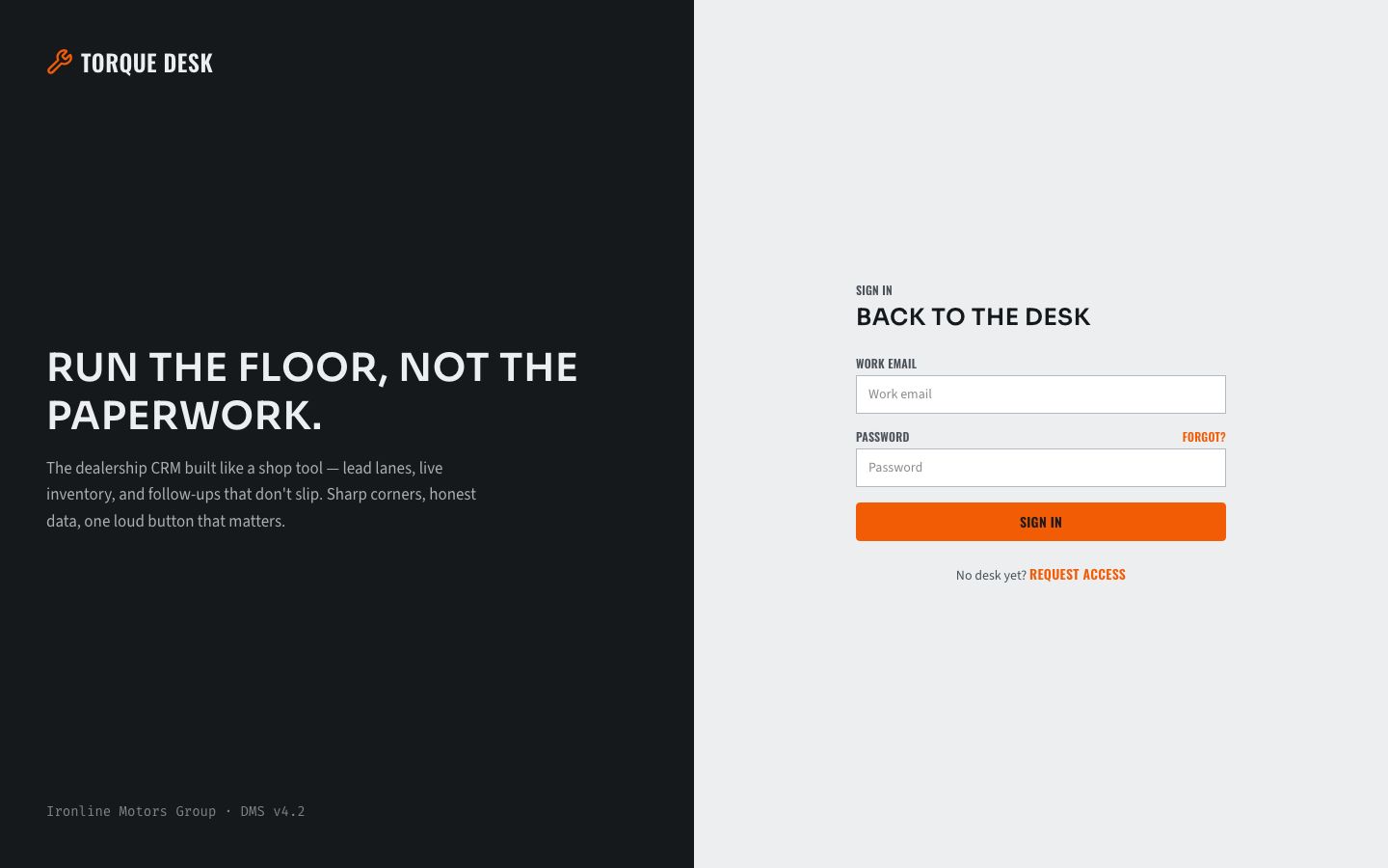 Car Dealership CRM Template — login page screenshot
