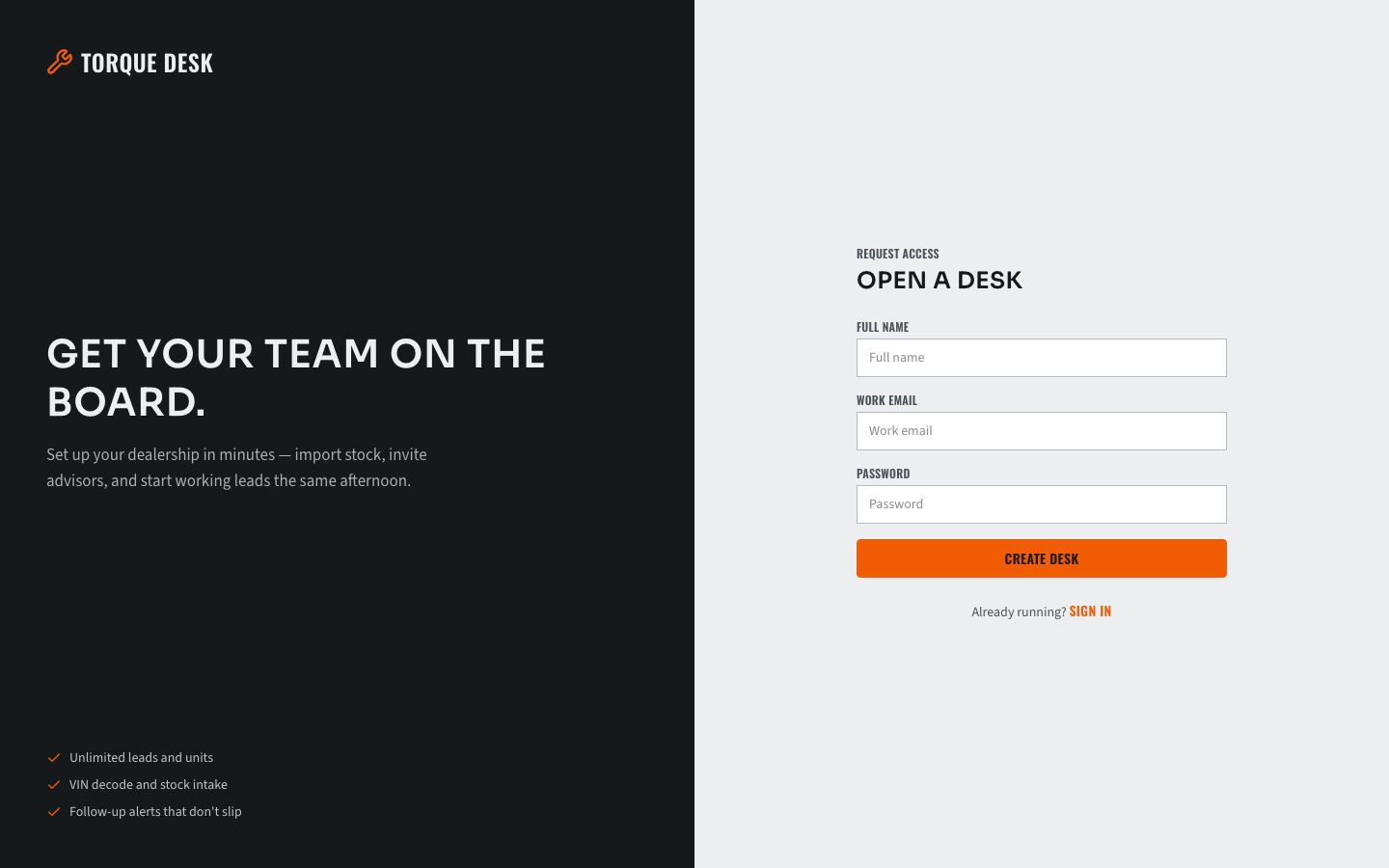 Car Dealership CRM Template — signup page screenshot