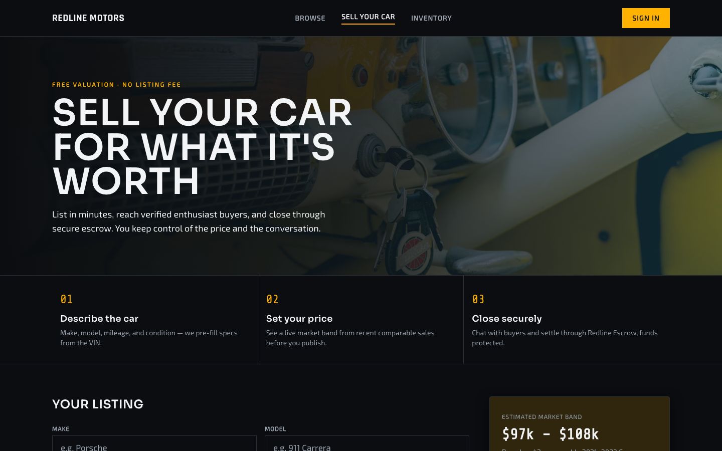 Car Marketplace App Template — sell page screenshot
