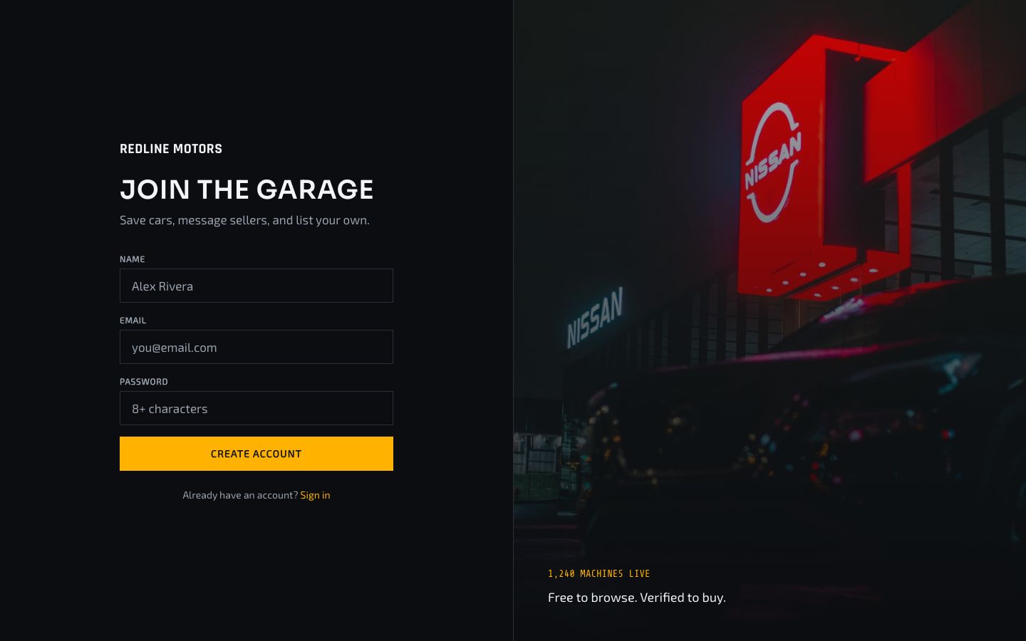 Car Marketplace App Template — signup page screenshot