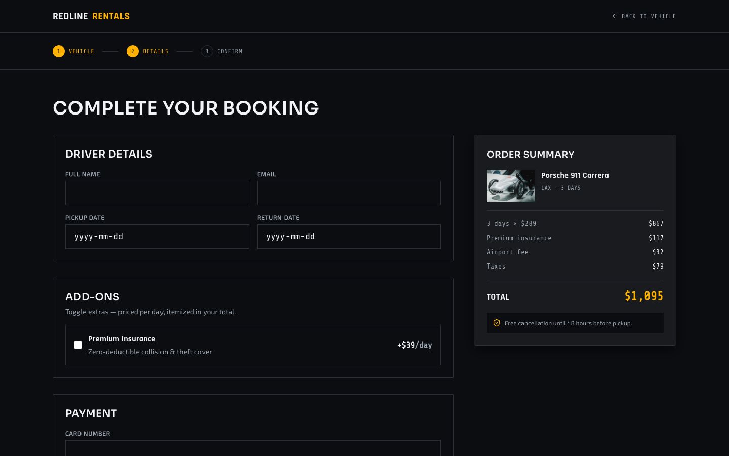 Car Rental Booking Template — checkout page screenshot