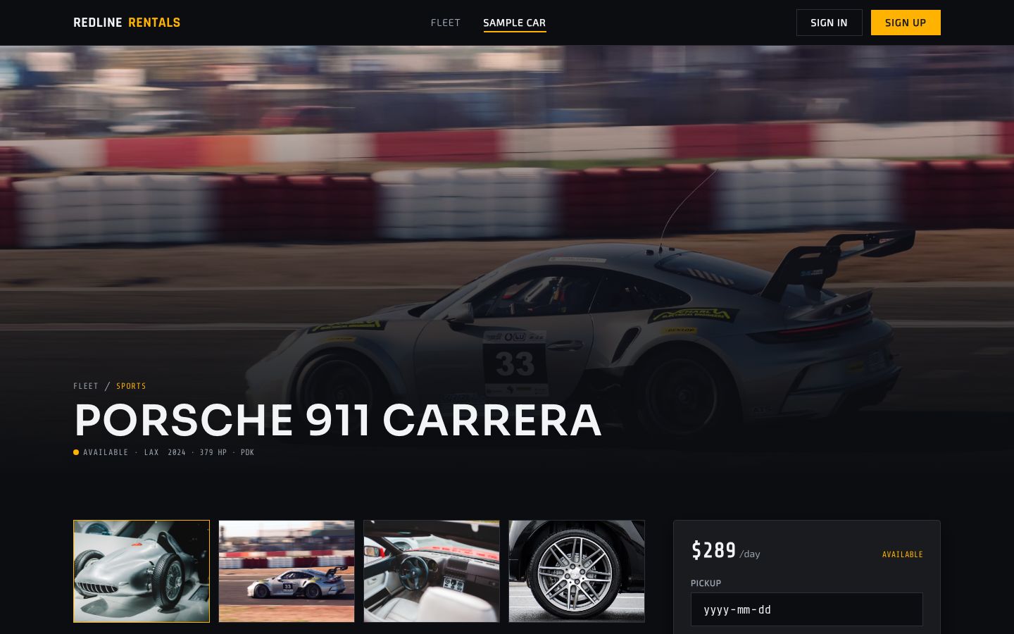 Car Rental Booking Template — vehicle page screenshot