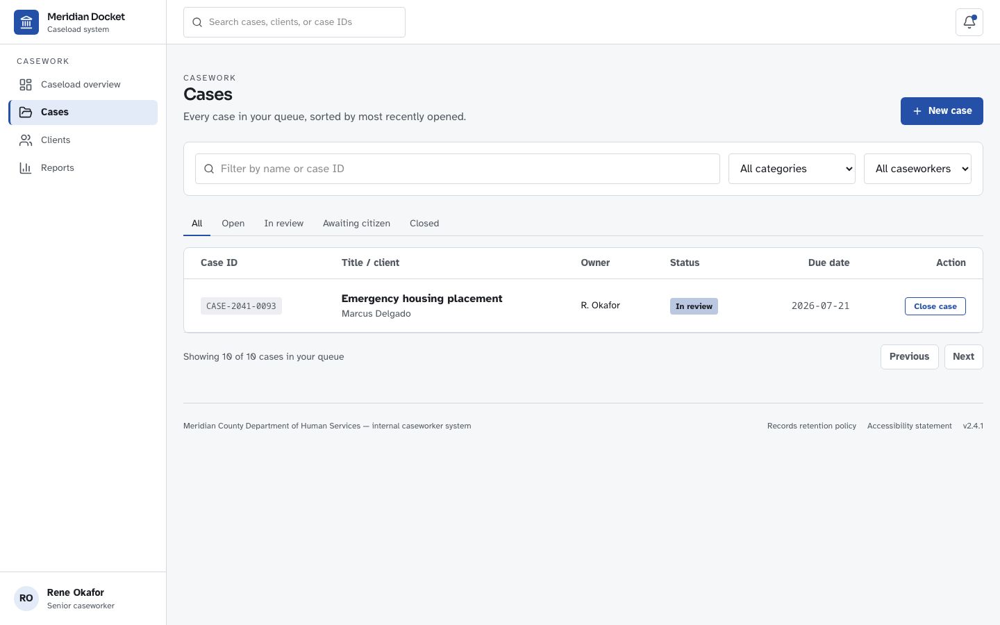 Case Management Dashboard — cases page screenshot