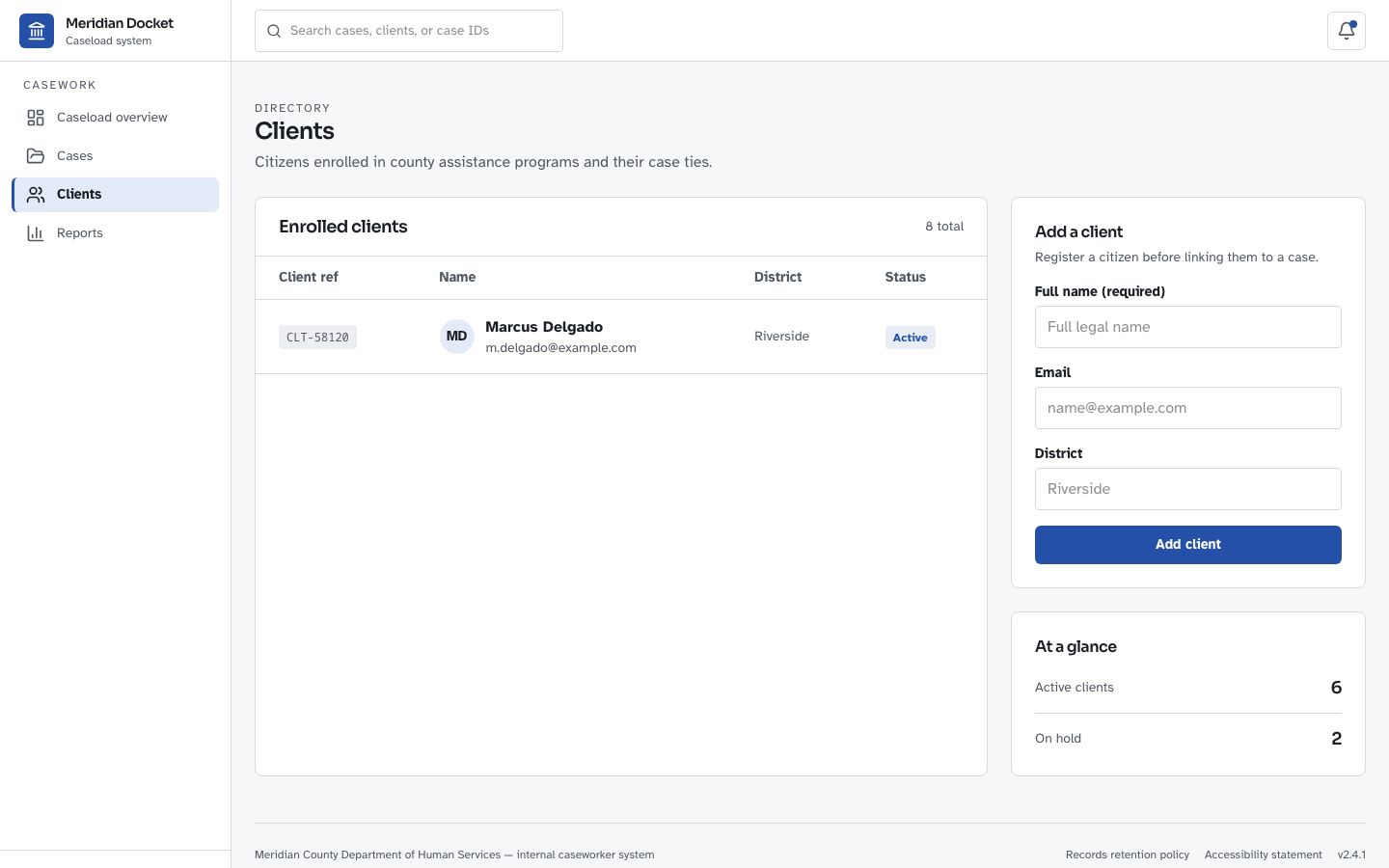 Case Management Dashboard — clients page screenshot