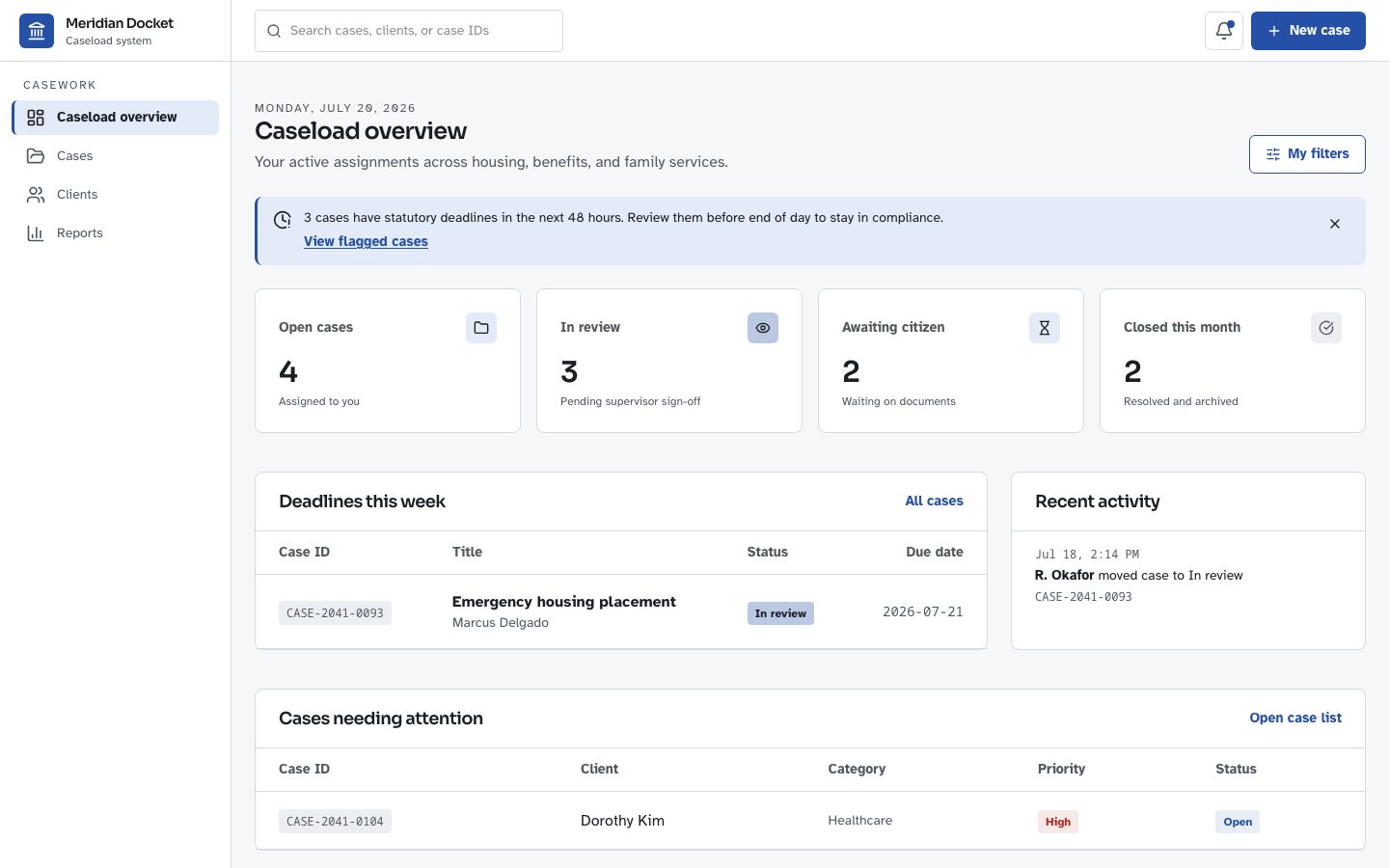 Case Management Dashboard — home page screenshot