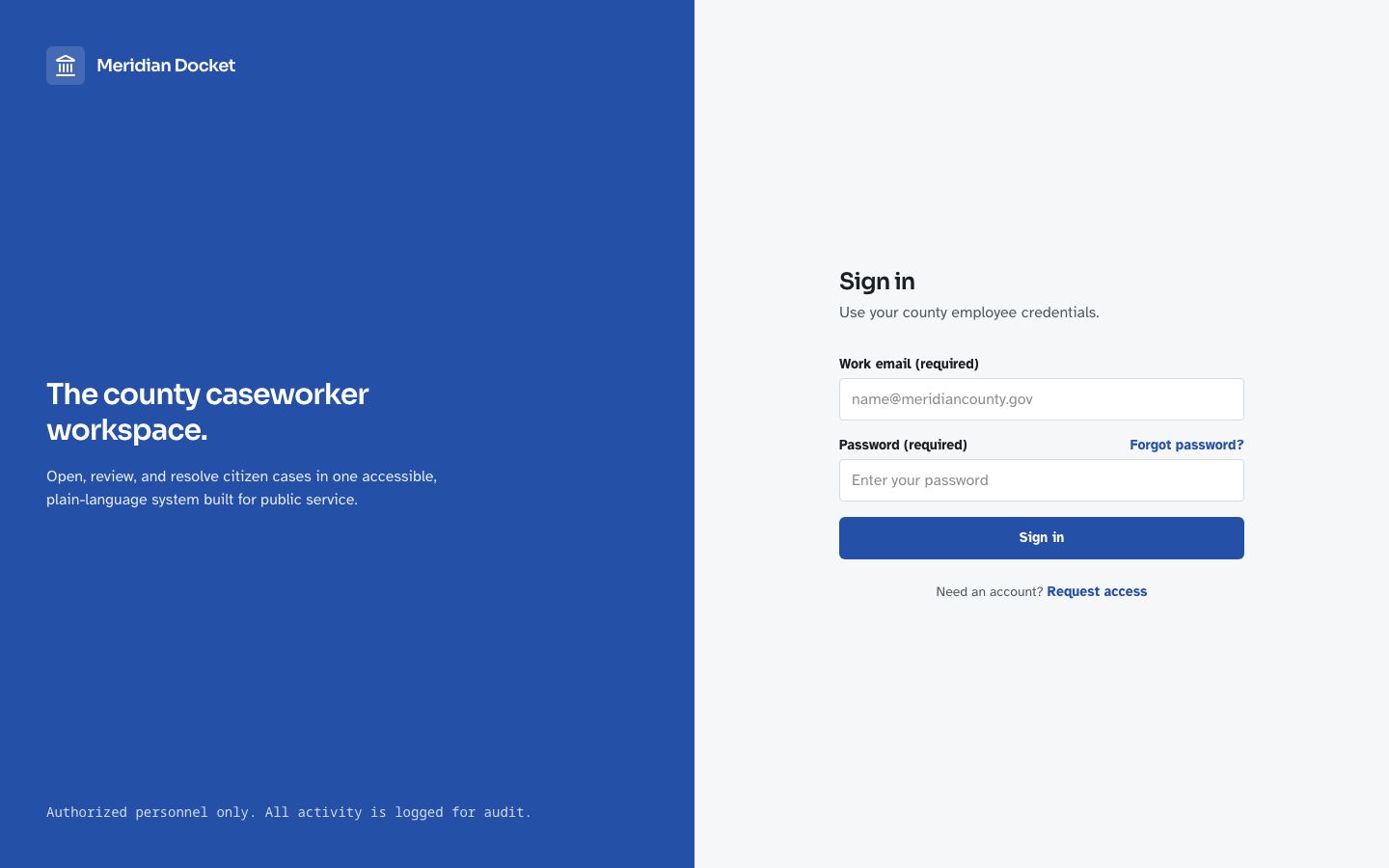Case Management Dashboard — login page screenshot