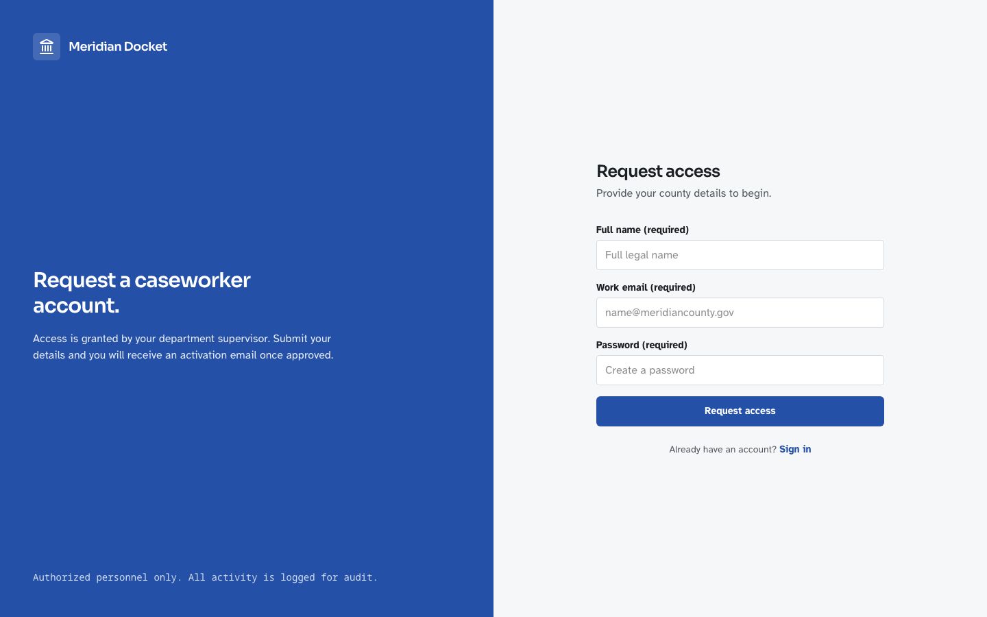 Case Management Dashboard — signup page screenshot
