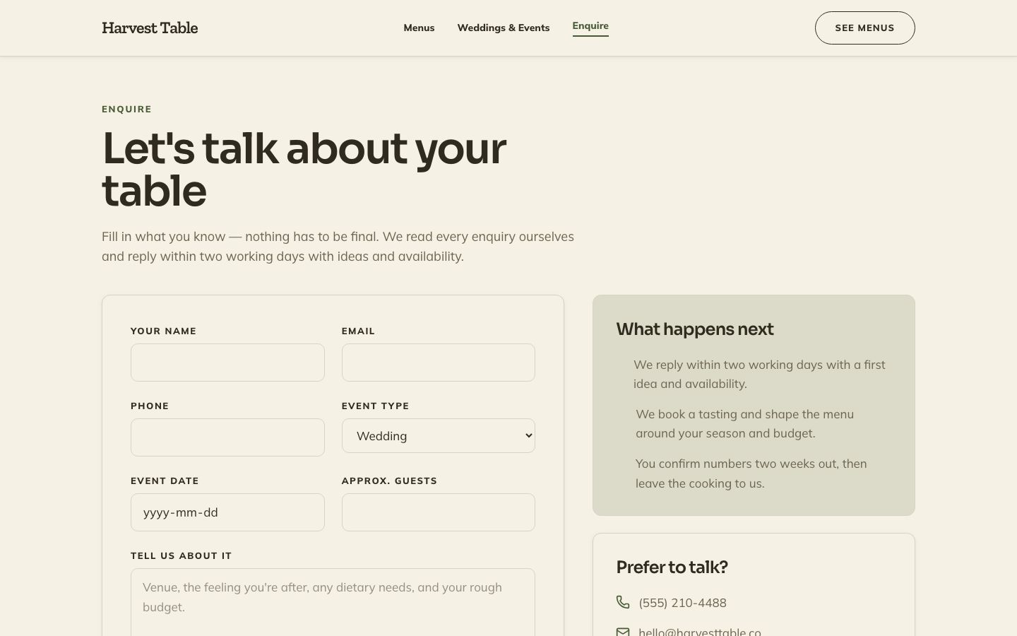 Catering Website Template — enquire page screenshot