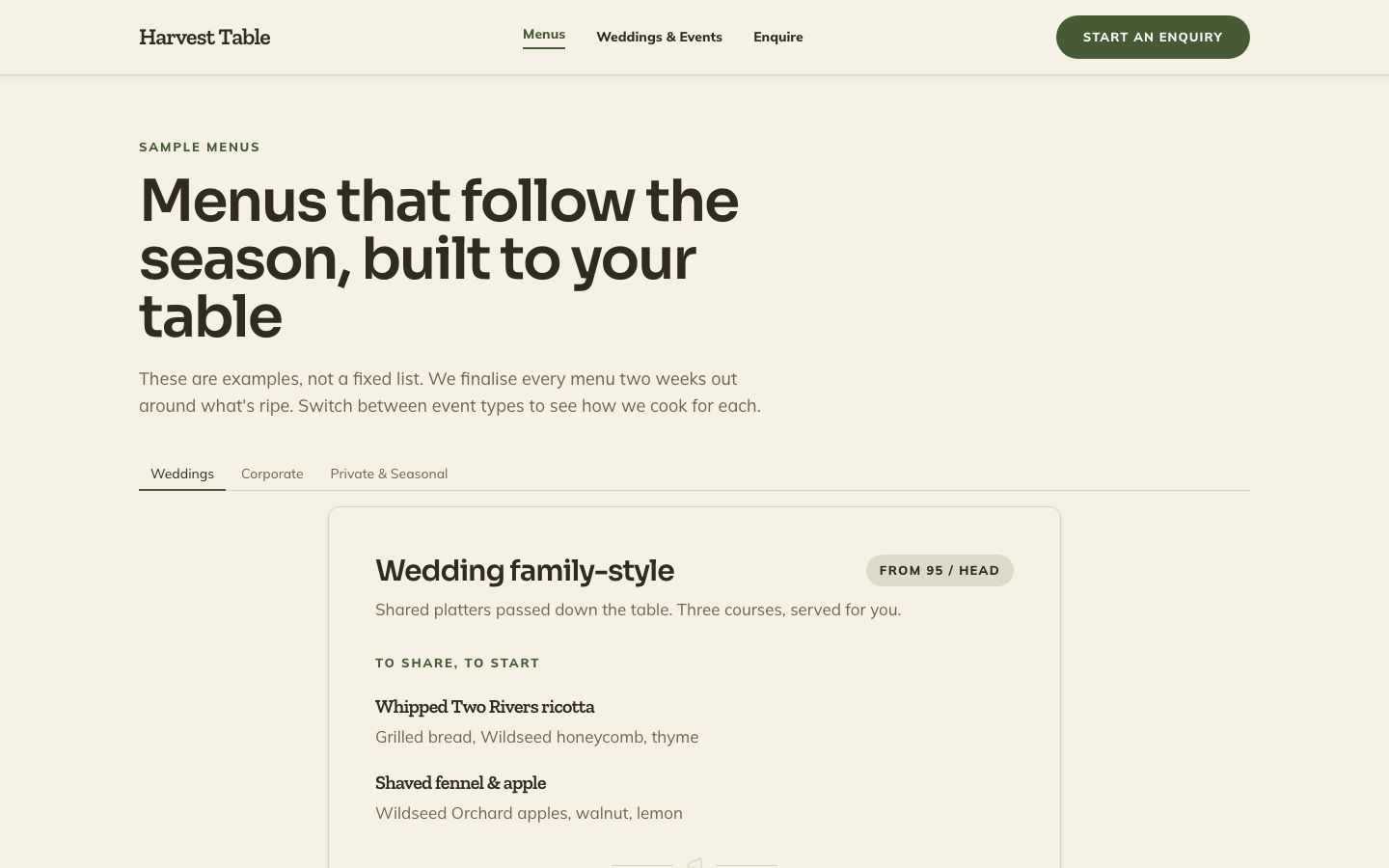Catering Website Template — menus page screenshot