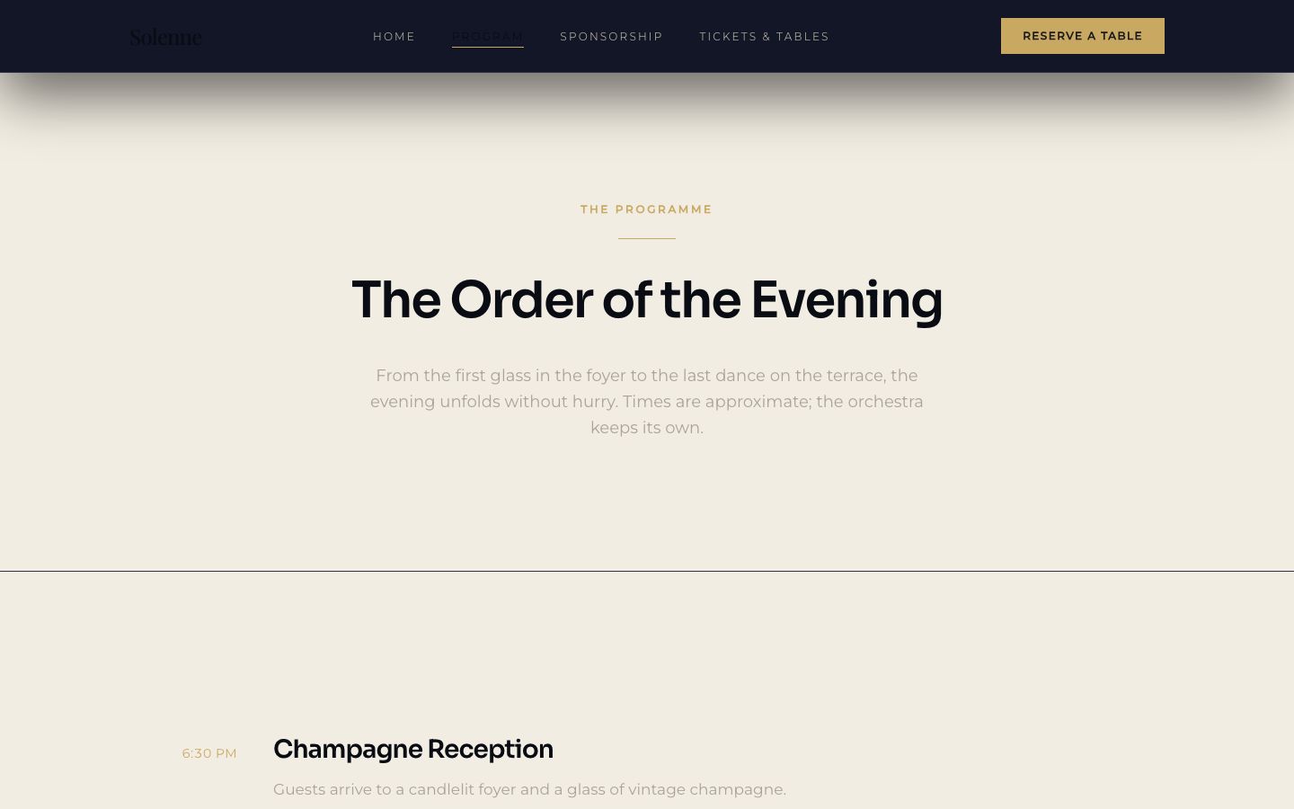 Charity Gala Website Template — program page screenshot