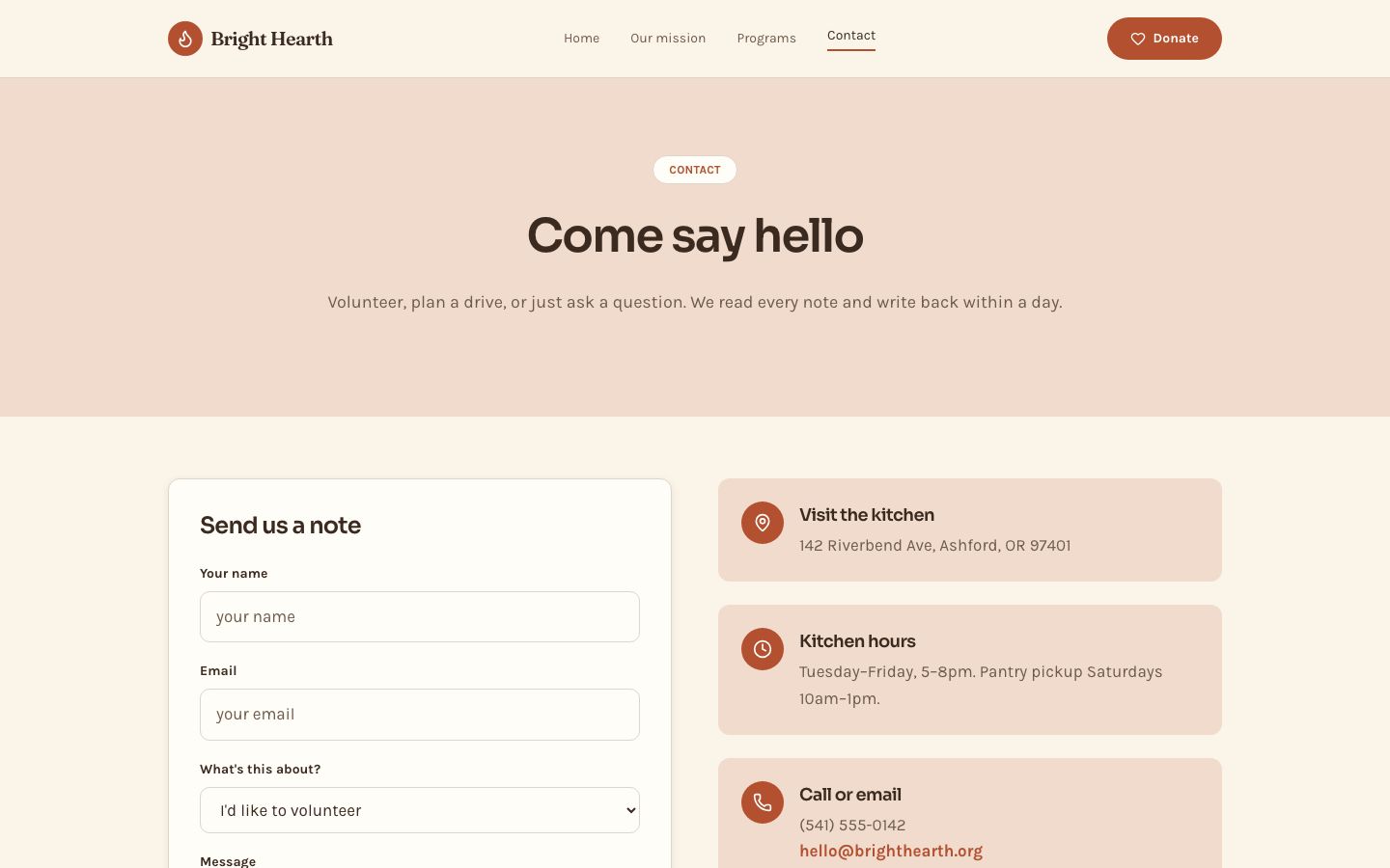 Nonprofit Website Template — contact page screenshot