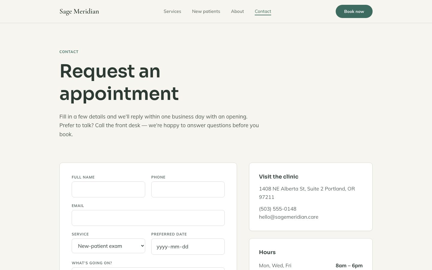 Chiropractor Website Template — contact page screenshot