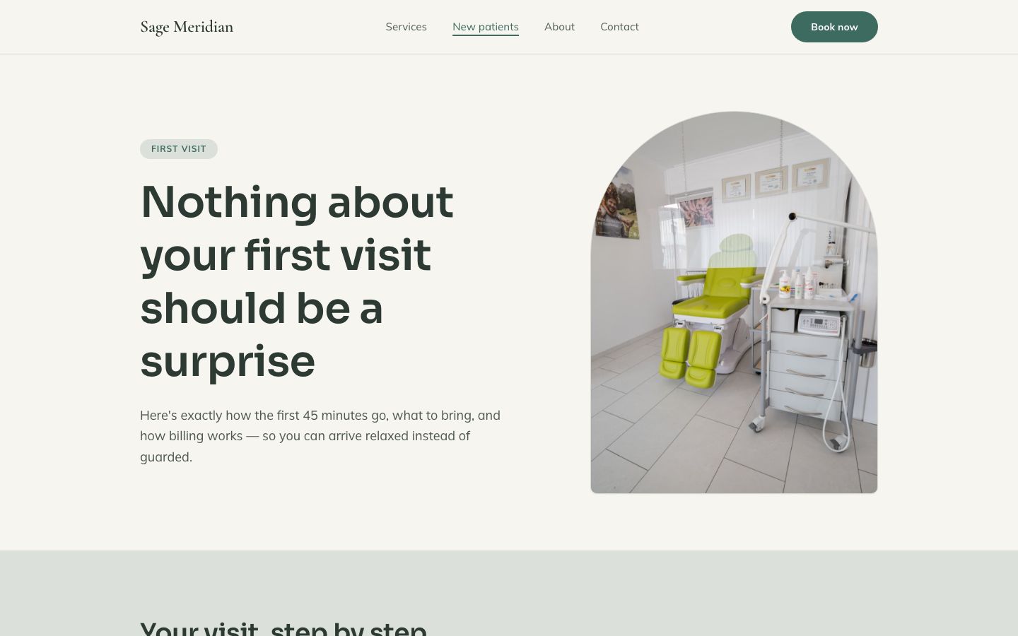 Chiropractor Website Template — new patients page screenshot