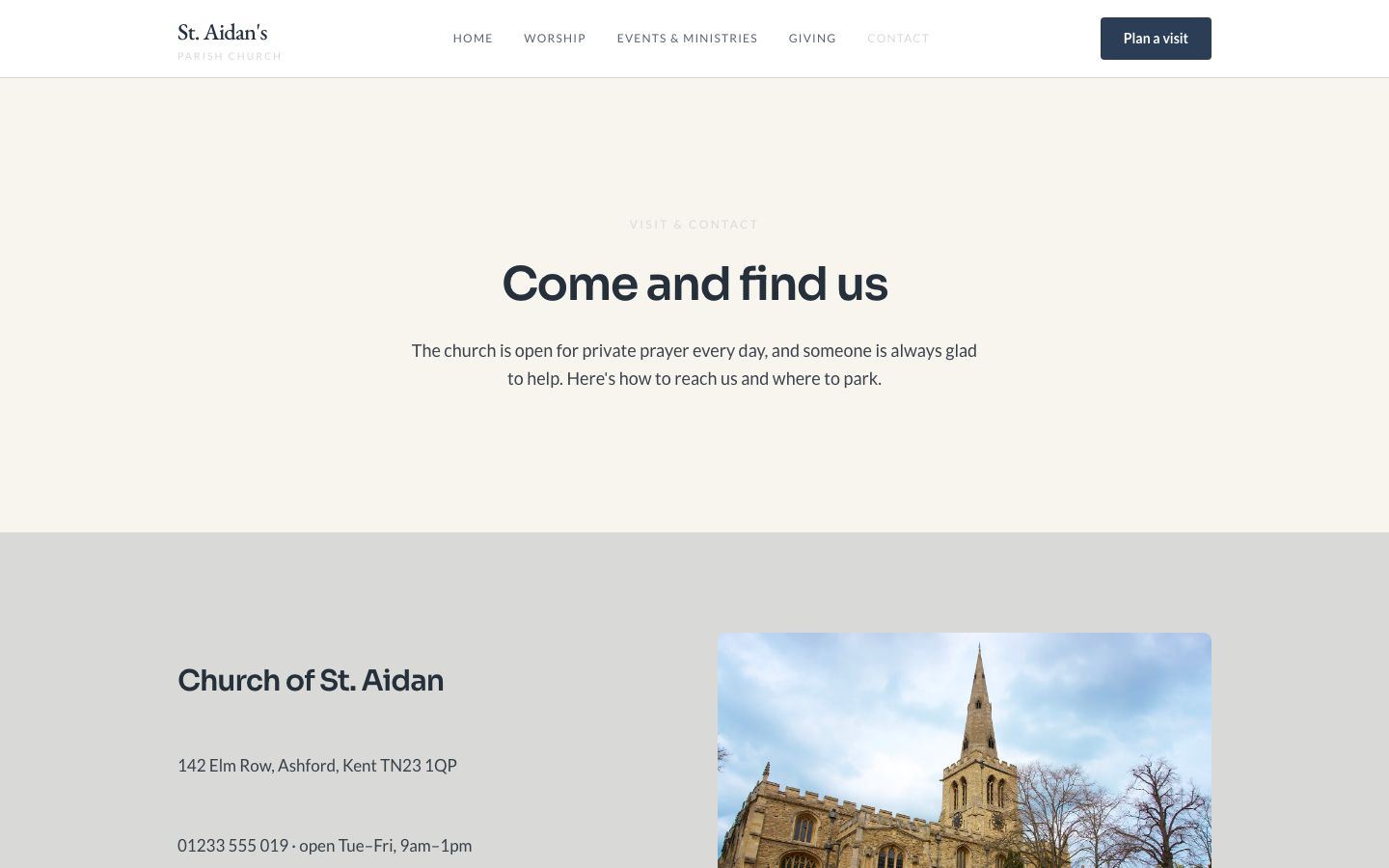 Church Website Template — contact page screenshot