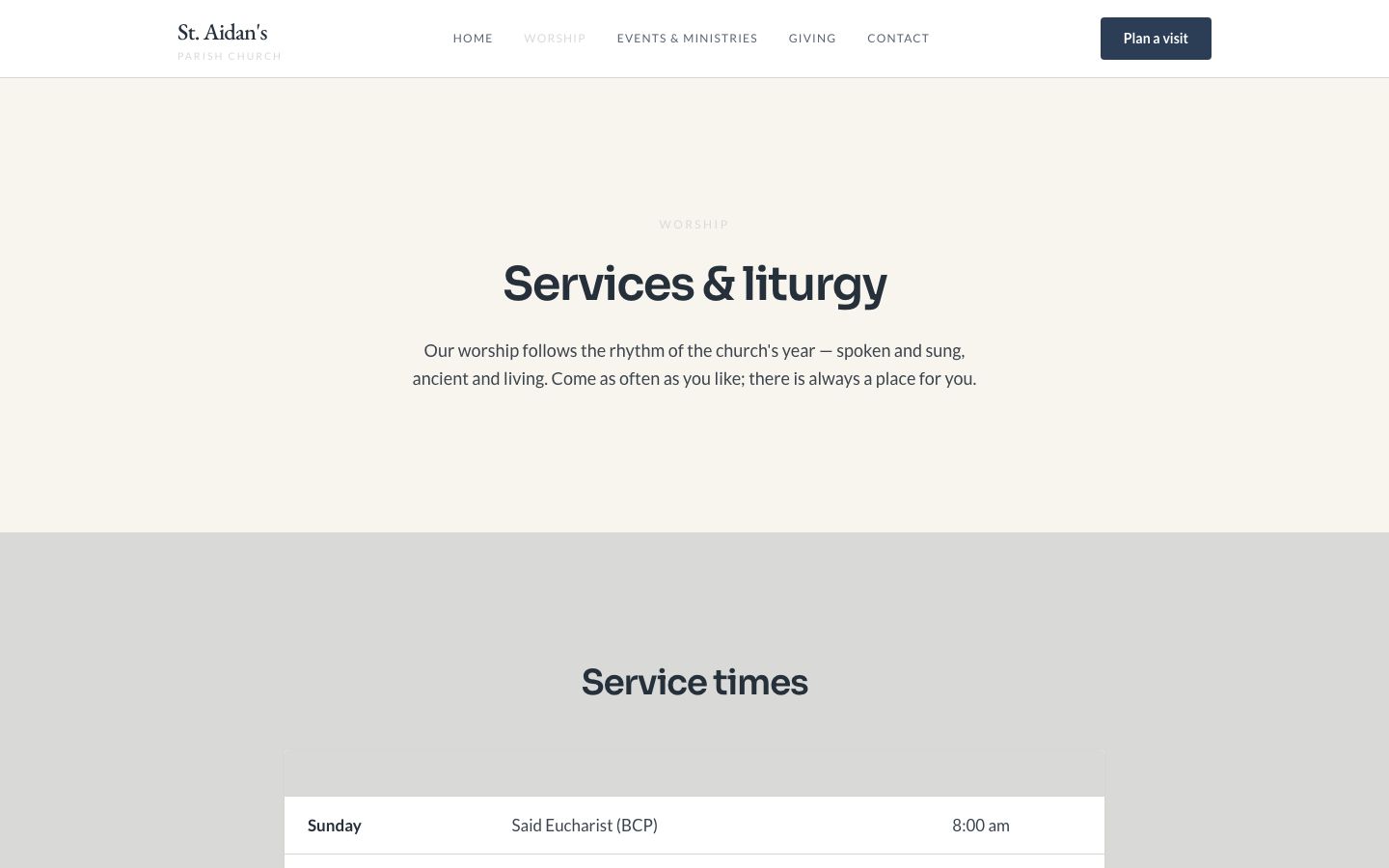Church Website Template — worship page screenshot