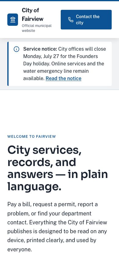 City Government Website Template — responsive mobile layout