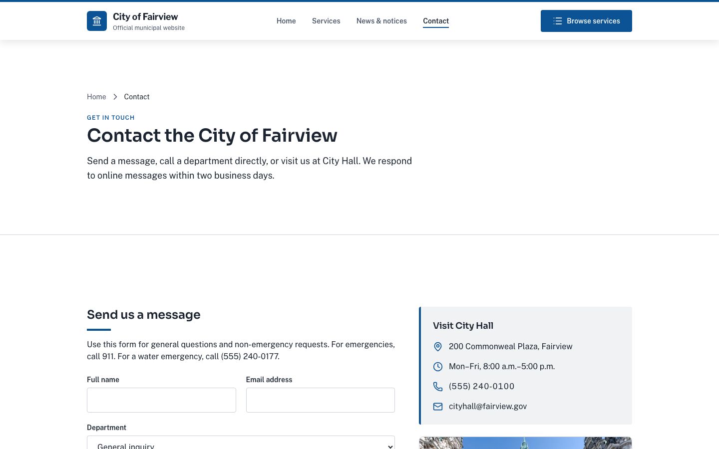 City Government Website Template — contact page screenshot