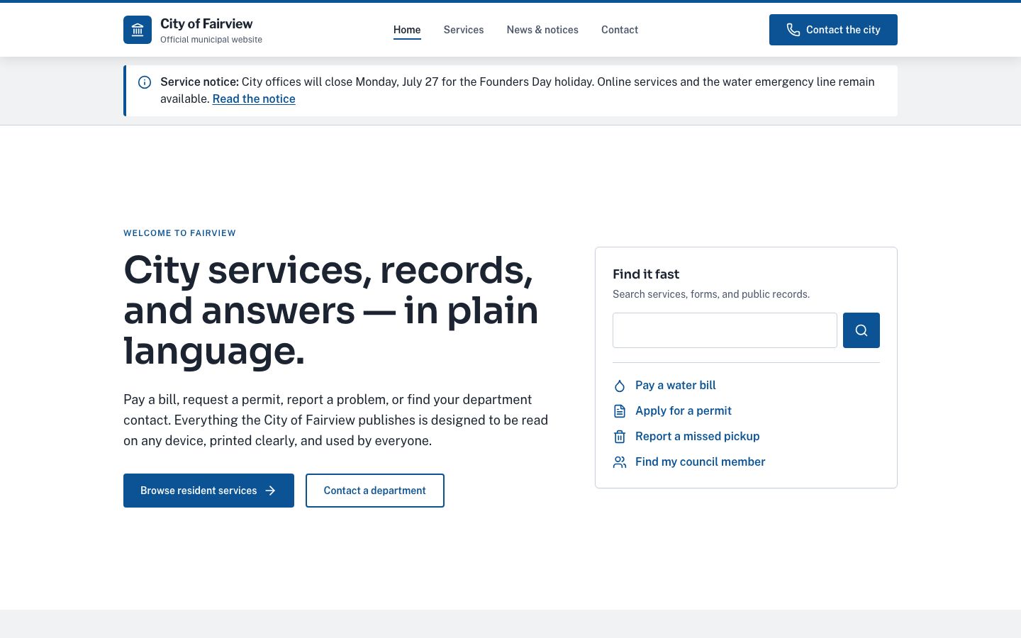 City Government Website Template — home page screenshot