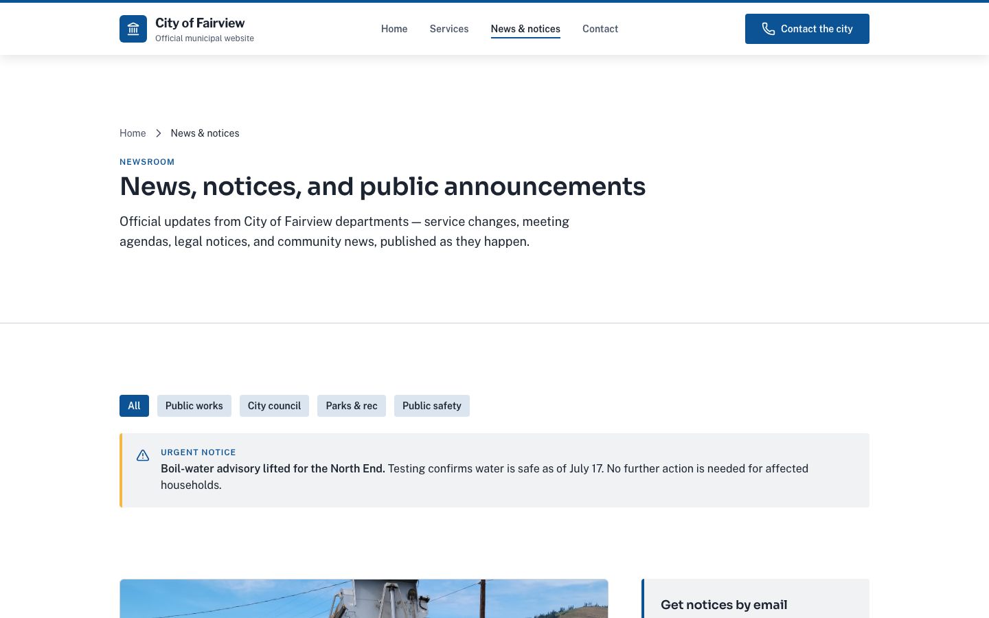 City Government Website Template — news page screenshot