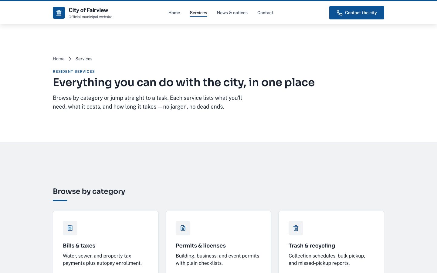 City Government Website Template — services page screenshot