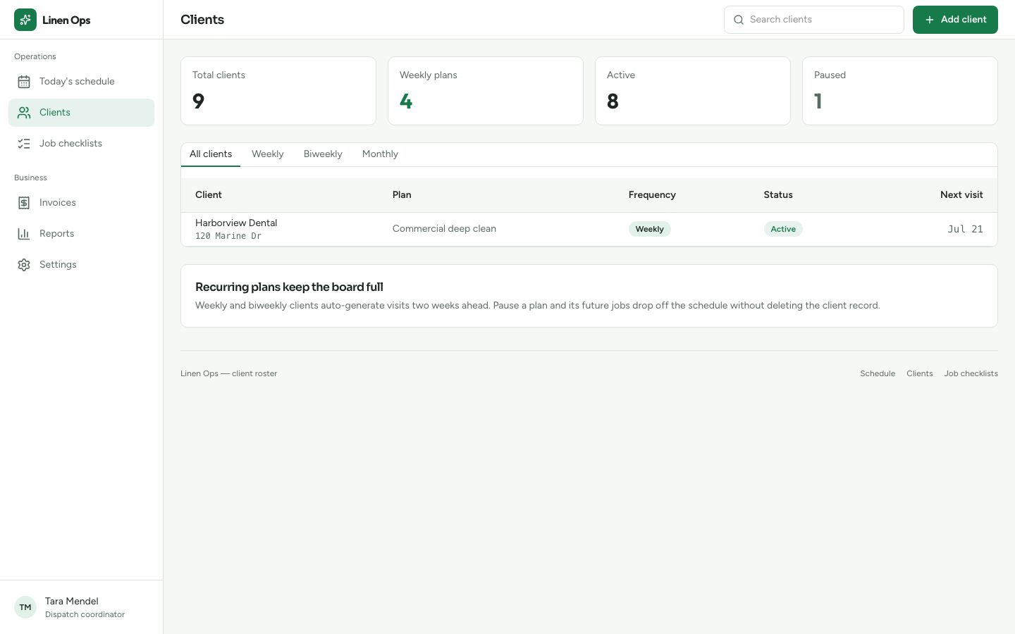 Cleaning Business Software Template — clients page screenshot