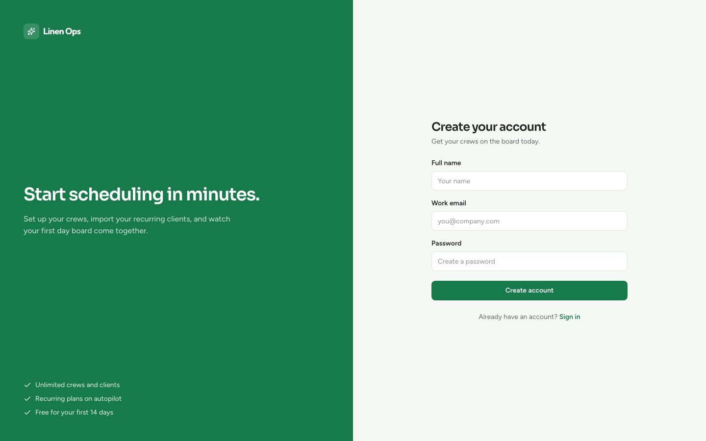 Cleaning Business Software Template — signup page screenshot