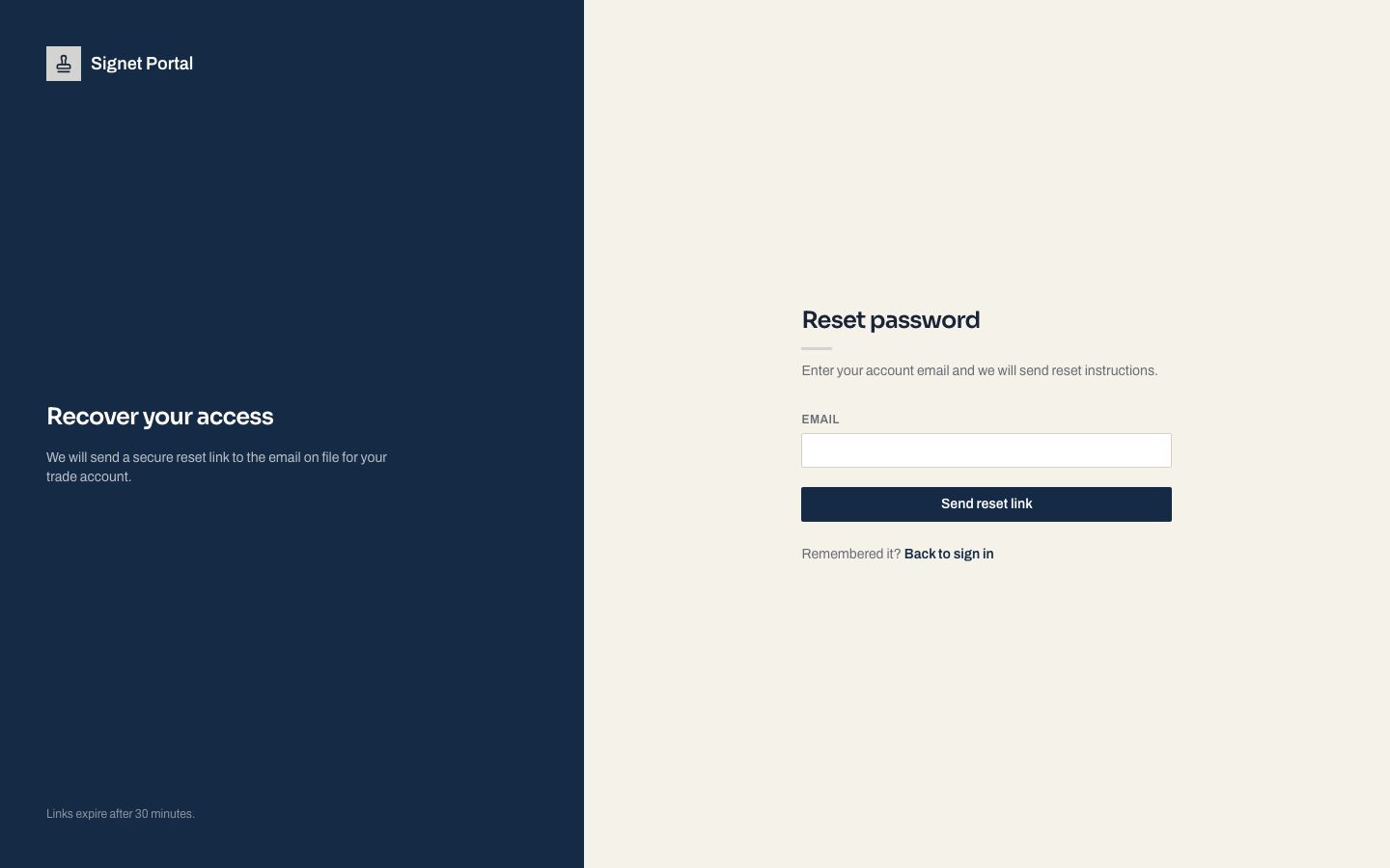 Client Portal UI Template — forgot password page screenshot