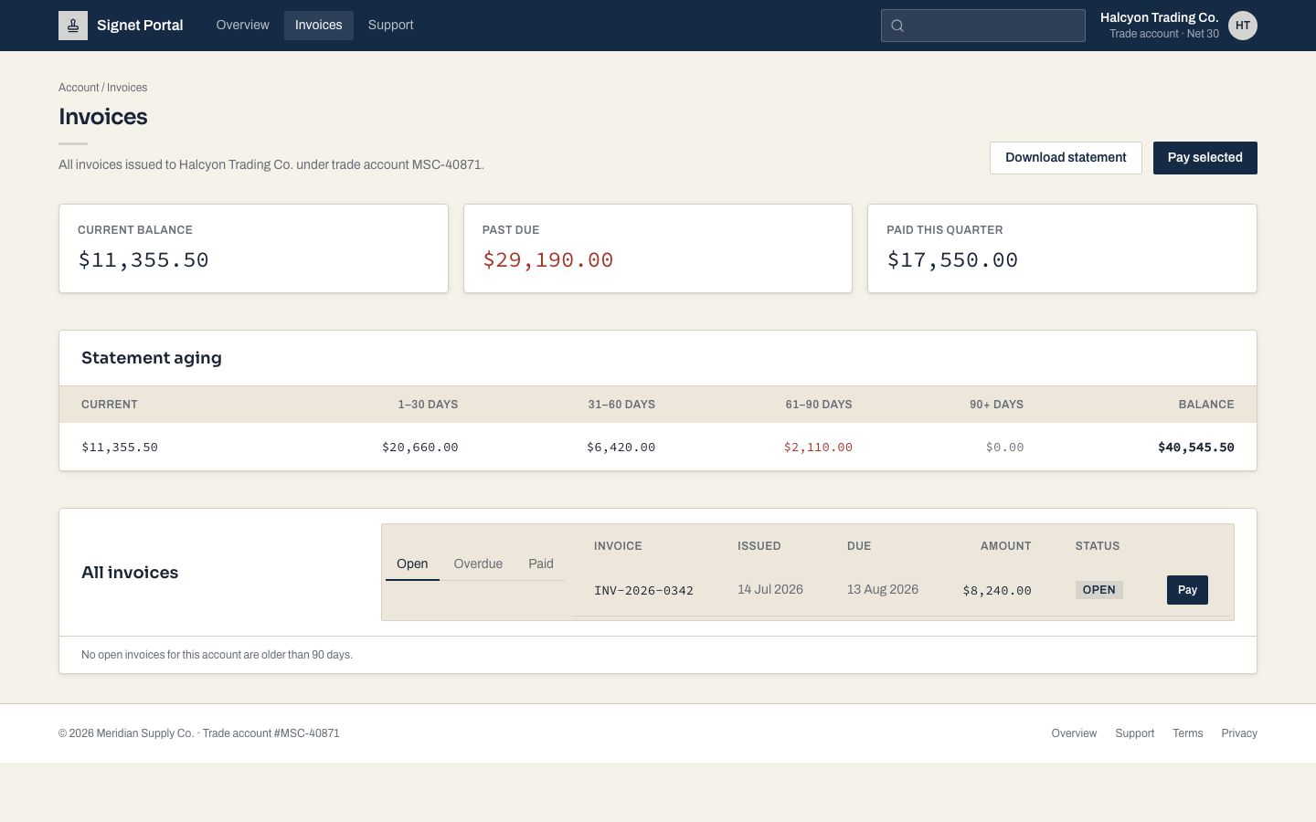 Client Portal UI Template — invoices page screenshot
