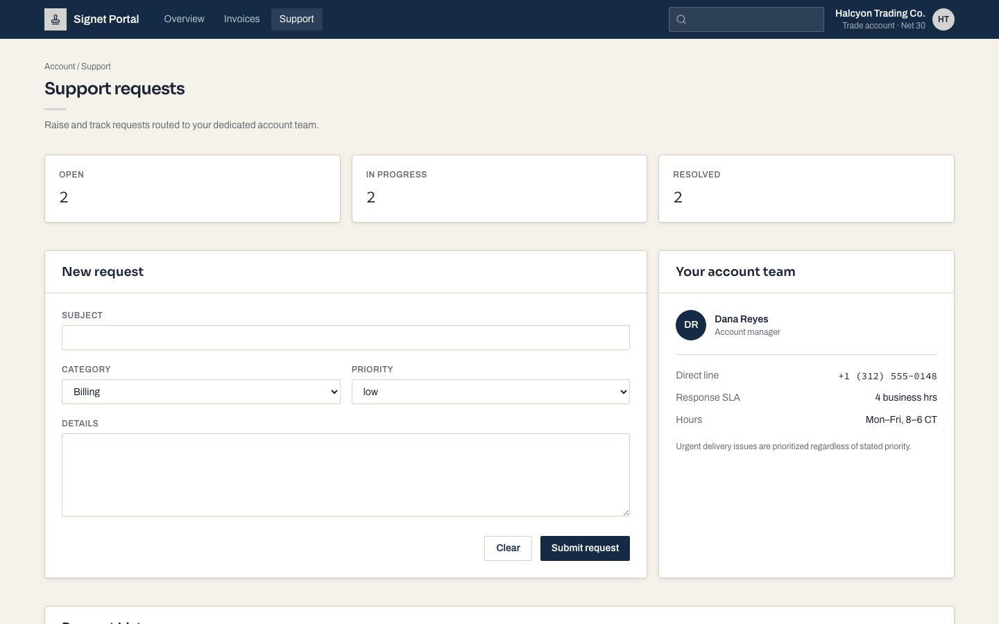 Client Portal UI Template — support page screenshot
