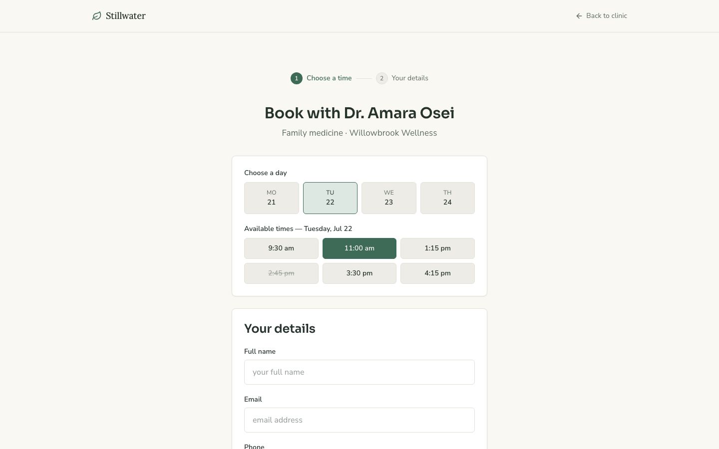 Clinic Booking App Template — book page screenshot