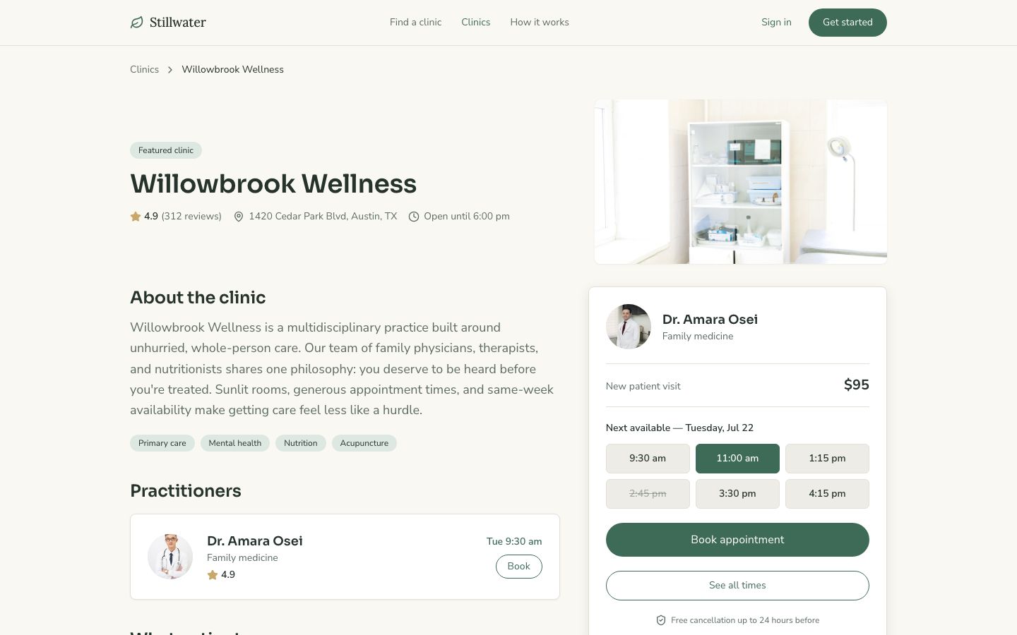 Clinic Booking App Template — clinic page screenshot