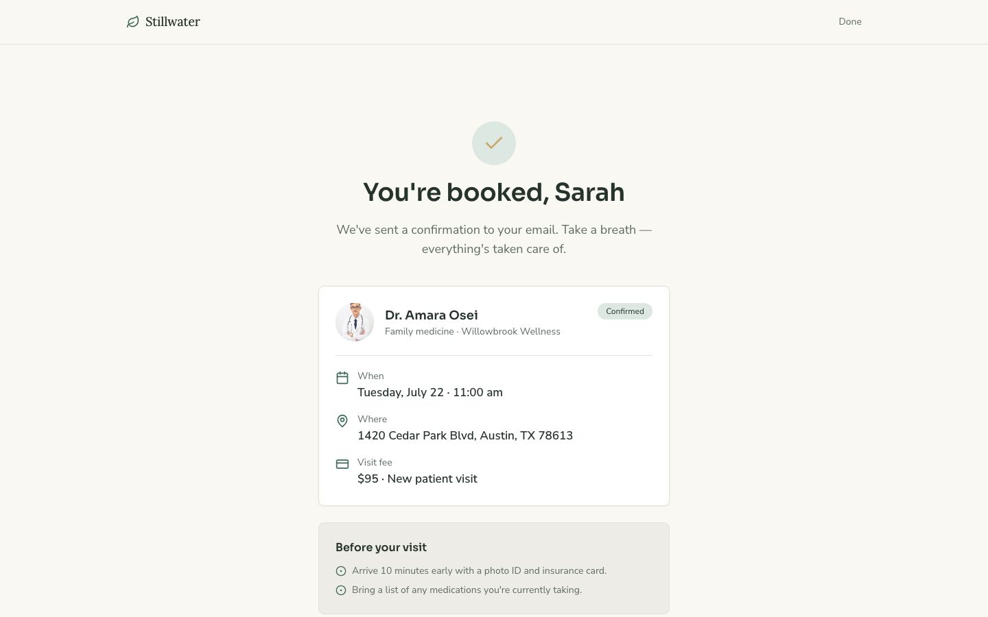 Clinic Booking App Template — confirmation page screenshot