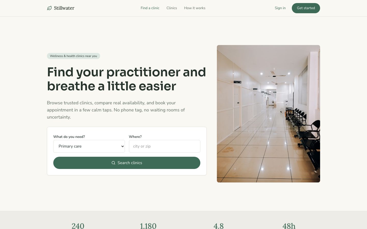 Clinic Booking App Template — home page screenshot