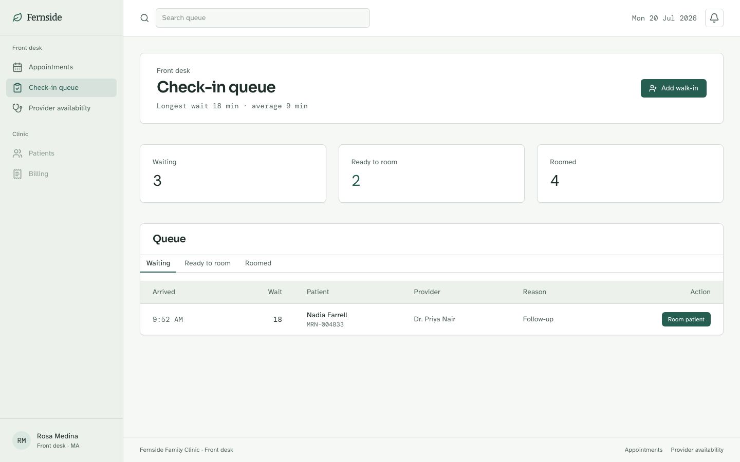 Clinic Management Dashboard Template — check in page screenshot