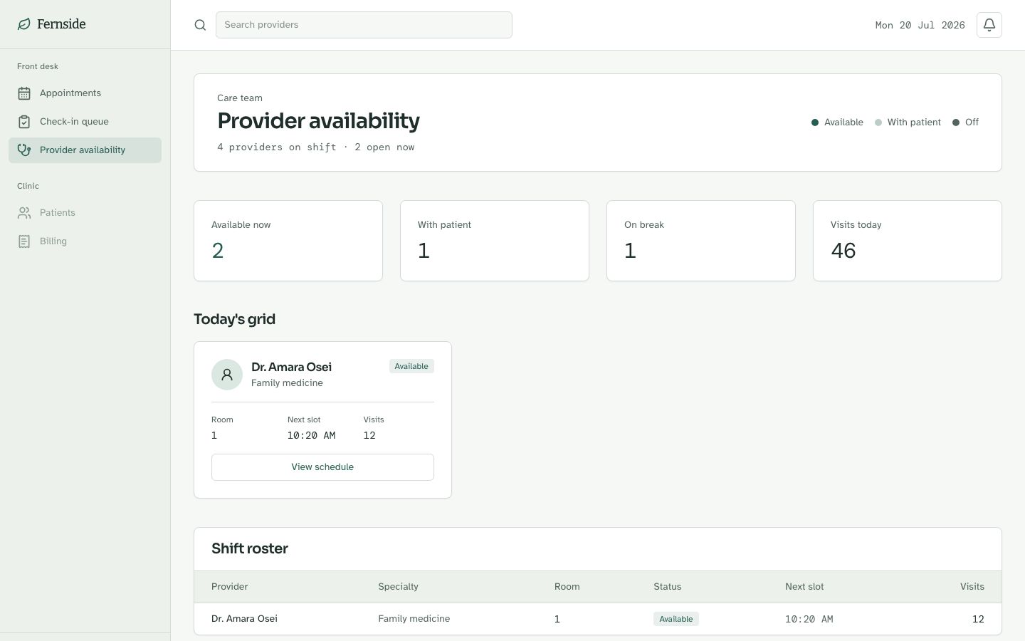 Clinic Management Dashboard Template — providers page screenshot
