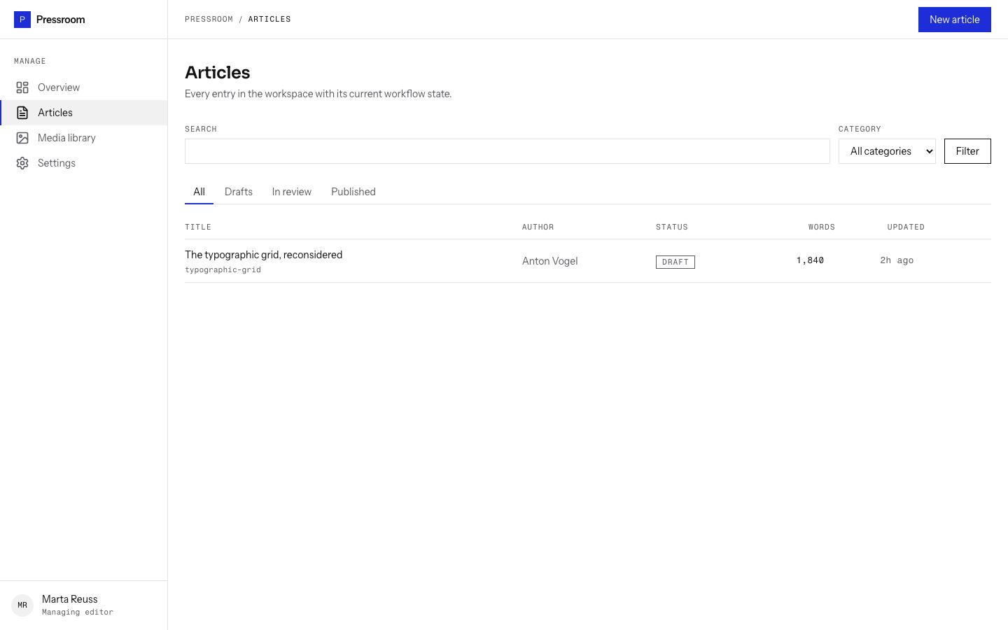 CMS Admin Dashboard Template — articles page screenshot
