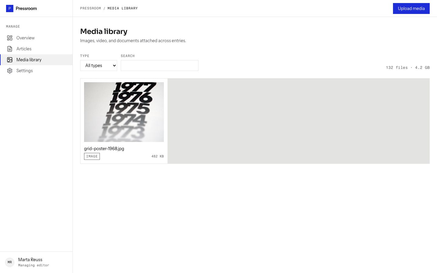 CMS Admin Dashboard Template — media library page screenshot
