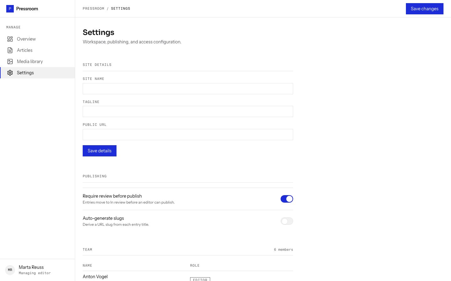 CMS Admin Dashboard Template — settings page screenshot