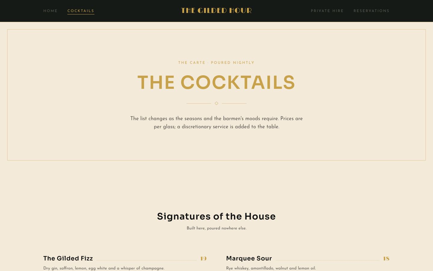 Cocktail Bar Website Template — cocktails page screenshot