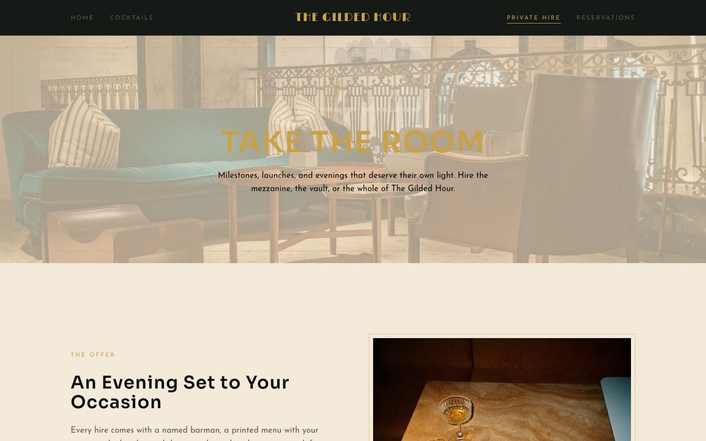 Cocktail Bar Website Template — private hire page screenshot